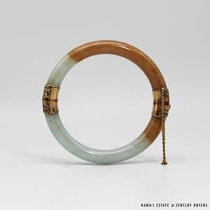 MING'S 42.9g 14KYG GREY & BROWN JADE HINGED BANGLE BRACELET SIZE 7 - Image 3