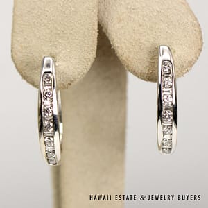 1.15ctw Round and Baguette Diamond 14K White Gold Hoop Earrings