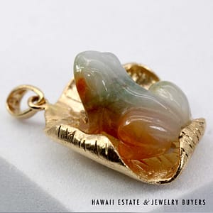 Green White and Honey Jade Frog And Lily Pad 14K Yellow Gold Pendant - Image 2