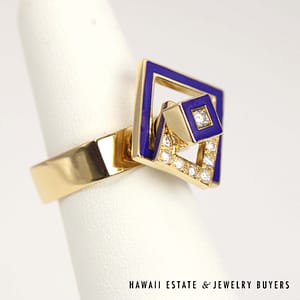 Tufel Swinger Blue Enamel 0.27ctw Diamond 18K Yellow Gold Ring Size 7