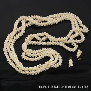 Three Strand Ni'ihau Shell Lei and Earrings Set Pikake Momi 36 inches *3175-03 - Image 2