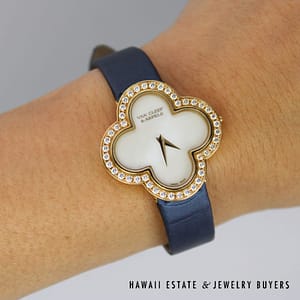 Van Cleef & Arpels 18K YG Alhambra Watch With Diamond Bezel & MOP Dial with Blue Strap - Image 2