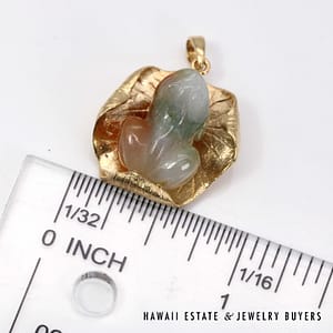 Green White and Honey Jade Frog And Lily Pad 14K Yellow Gold Pendant - Image 11