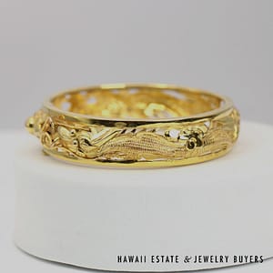 15.5mm Dragon & Phoenix 18K Yellow Gold Hinged Bangle Bracelet Size 7 - Image 7