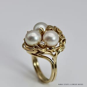 MING'S 14KYG THREE PEARL CLUSTER W/ 0.12ctw DIAMOND RING SIZE 5.75 - Image 4