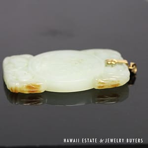 Pale Green Jade Carved Bamboo 14K Yellow Gold Pendant 65x40mm - Image 2
