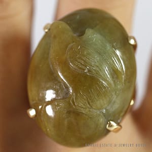 NATURAL JADEITE JADE HONEY GREEN EAGLE BIRD 14K YELLOW GOLD LARGE CABOCHON RING 7