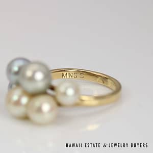 Ming's White and Blue Pearl Cluster 14k Yellow Gold Ring Size 6, 4.6g - Image 2