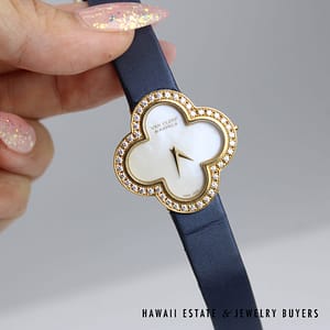 Van Cleef & Arpels 18K YG Alhambra Watch With Diamond Bezel & MOP Dial with Blue Strap - Image 3