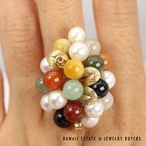 Ming's Multi-color Jade & Pearl Cluster 14K Yellow Gold Ring Size 9.5