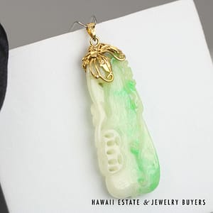 GIA Type A Moss in Snow Jade Carved & Pierced 14k Yellow Gold Pendant - Image 2