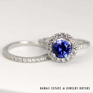 Synthetic Blue Sapphire & Diamond 14K White Gold Wedding Ring Set Size 4.25