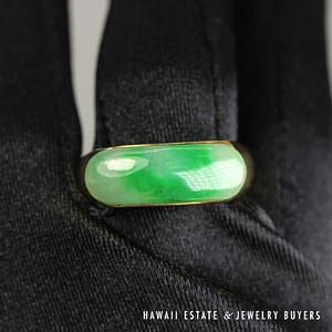 GIA Type A Mottled Green Jade Saddle Ring 14k Yellow Gold 22x8mm Size 13 - Image 4