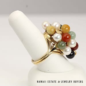 Ming's Multi-color Jade & Pearl Cluster 14K Yellow Gold Ring Size 9.5