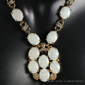 NATURAL OPAL & DIAMOND 14K YELLOW GOLD ORNATE NECKLACE & CLIP EARRINGS SET - Image 4