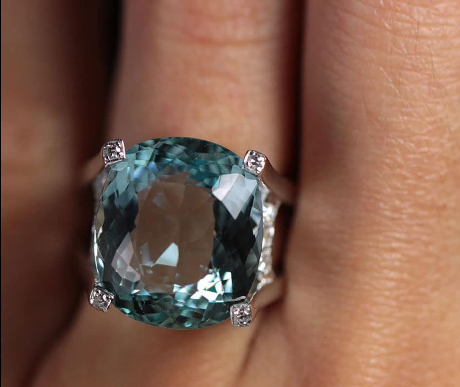 art deco inspired natural aquamarine and diamond ring