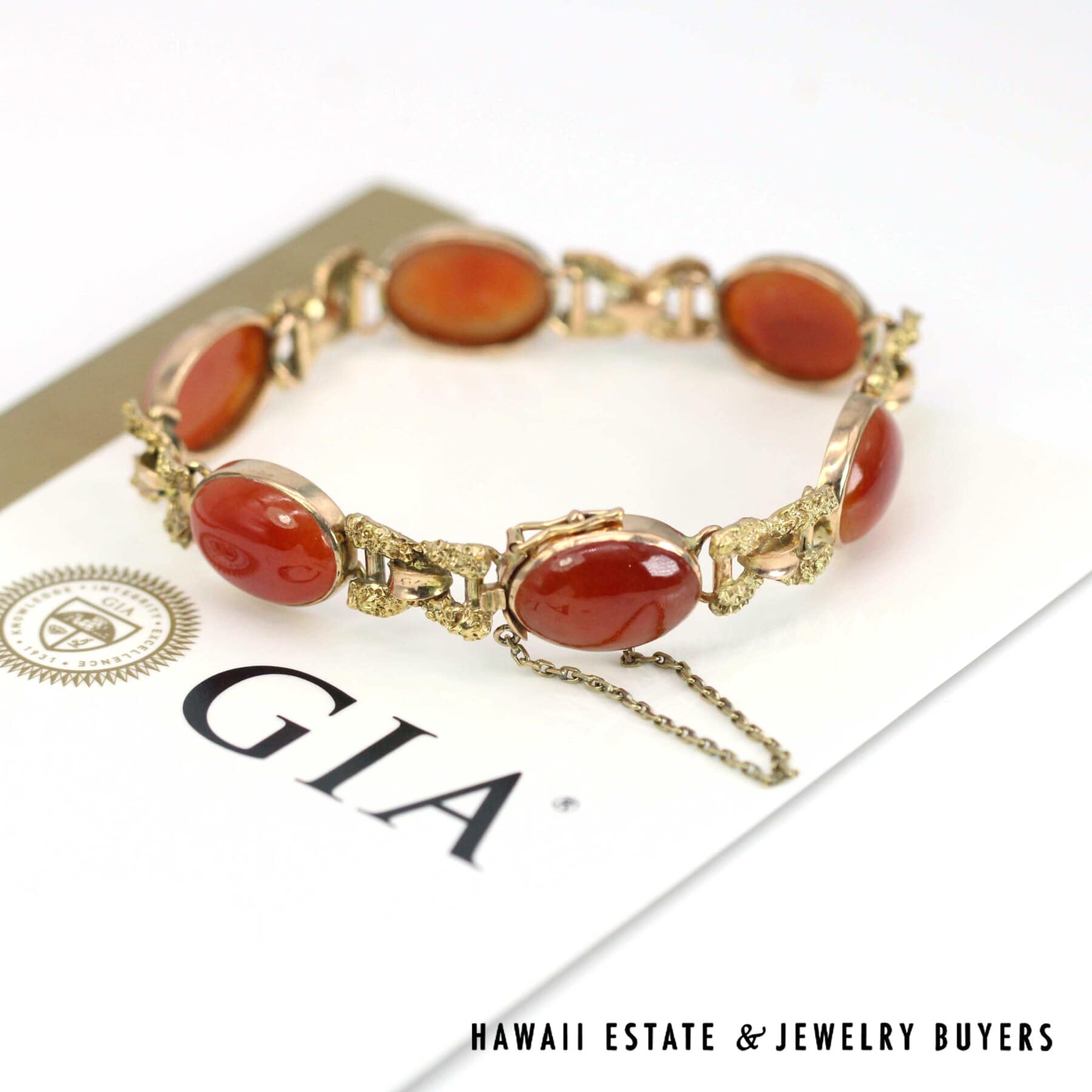 GIA Orange Jade 15x12mm Oval Cab 24.7g 14KYG Link Bracelet Size
