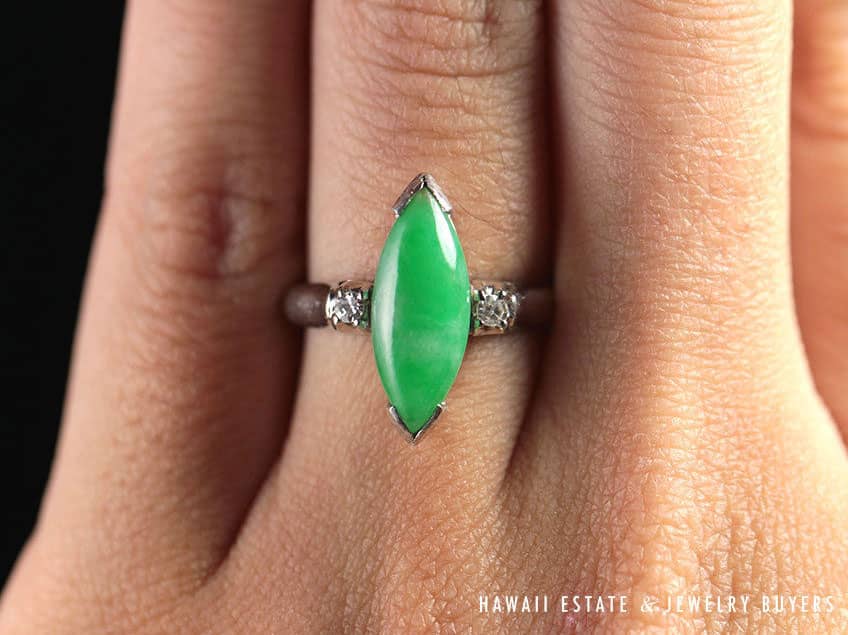 If you're feeling green this Saint Patrick's Day, apple green marquise jade ring. 