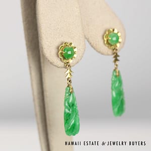 GIA 4.3g 14KYG APPLE GREEN JADE DANGLE SCREWBACK EARRINGS (2966-02)