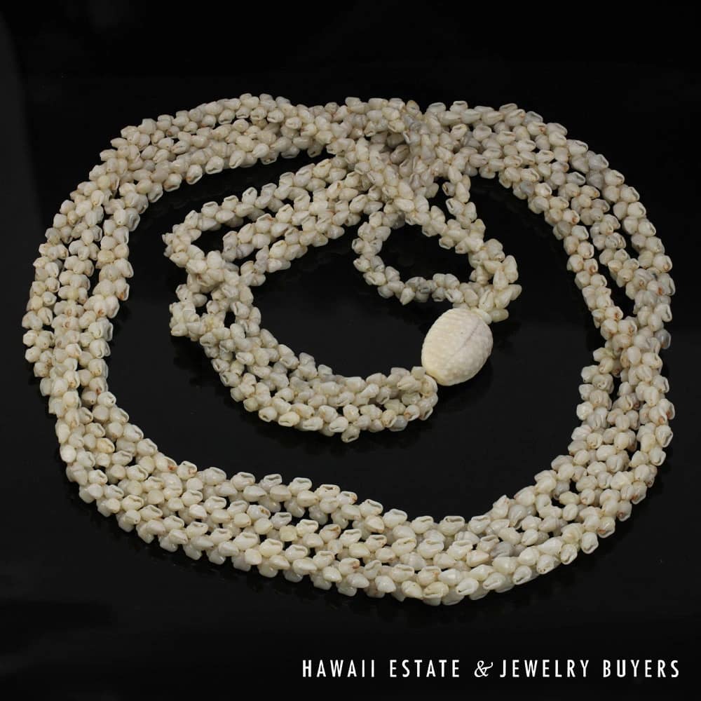 Three-Strand Ni'ihau Shell Lei: 38 inch Pikake Momi Uli Uli