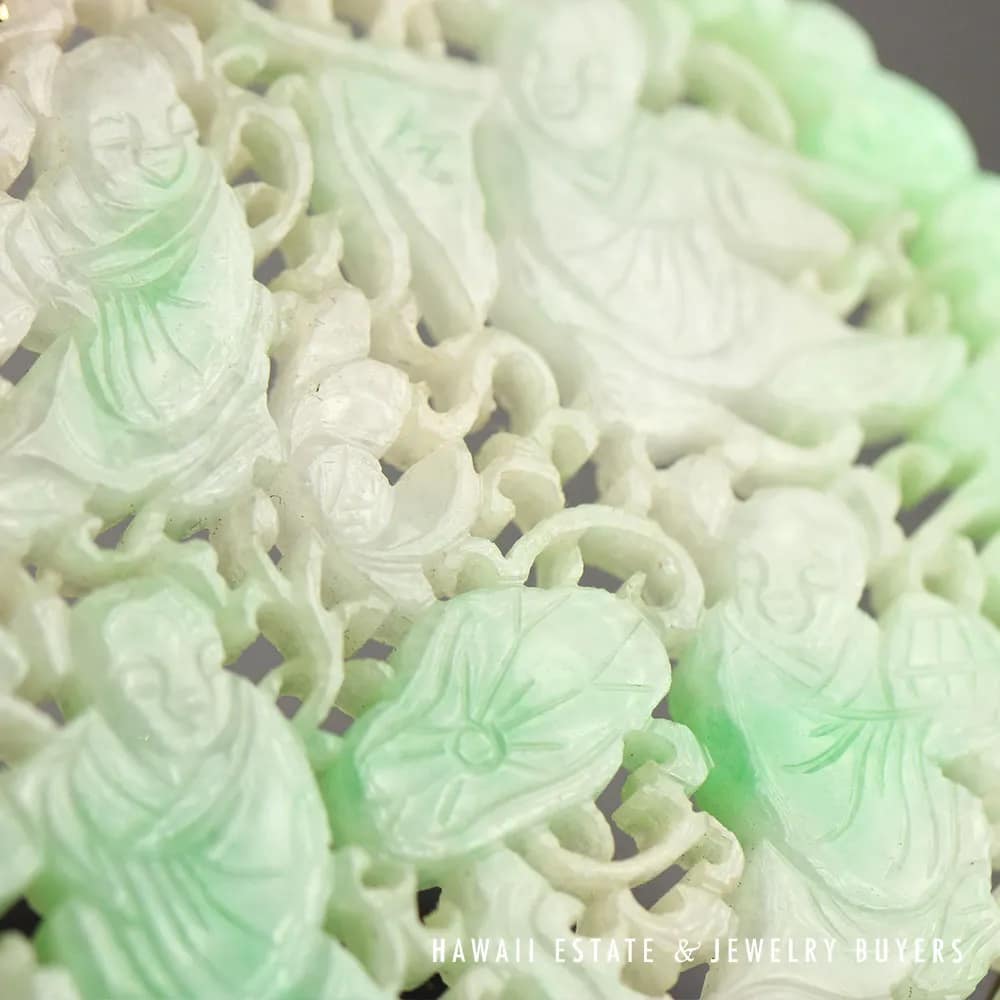 GIA Jadeite Jade Moss in Snow Carved Four Disciple 14k Yellow Gold Large Pendant - Image 3