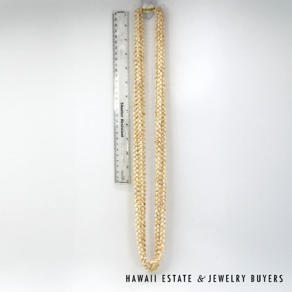 Three Strand Ni'ihau Shell Lei: Pikake Momi Lenalena 38 inches #2472-01 - Image 4