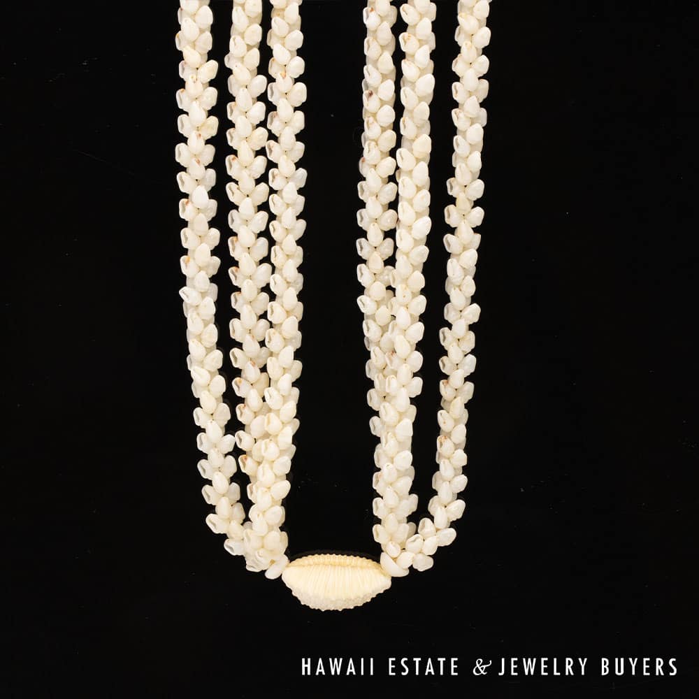 Ni’ihau Shell Lei: Triple Strand White Momi 41 inch Lei - Image 2