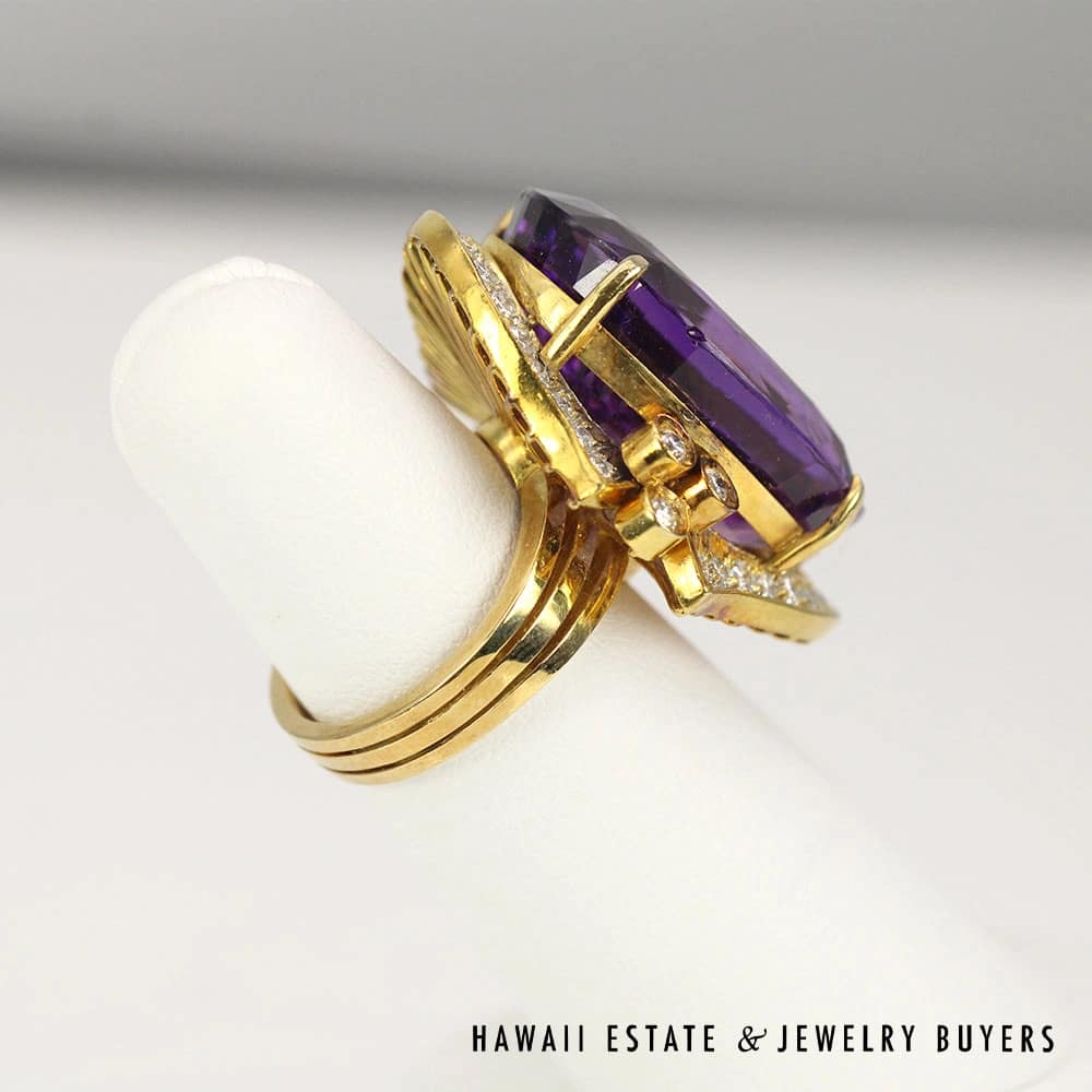 28ct Amethyst 1ctw SI/GH Diamond 21.2g 18K Yellow Gold Ring Size 5.5 - Image 3