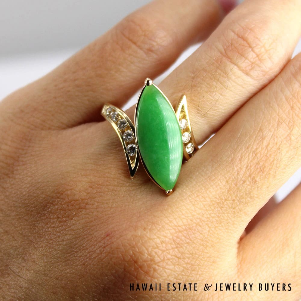 GIA Grade A Jadeite Jade Green Marquise 0.45CTW Diamond 14K Yellow Gold Ring - Image 2