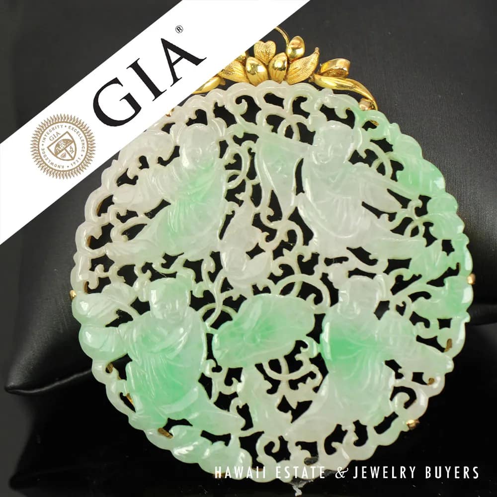 GIA Jadeite Jade Moss in Snow Carved Four Disciple 14k Yellow Gold Large Pendant