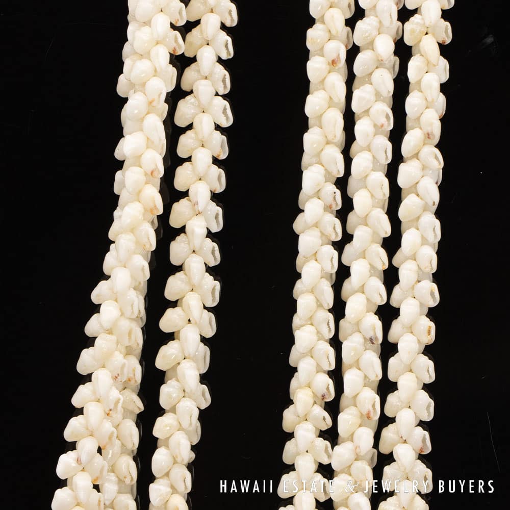 Ni’ihau Shell Lei: Triple Strand White Momi 41 inch Lei - Image 3