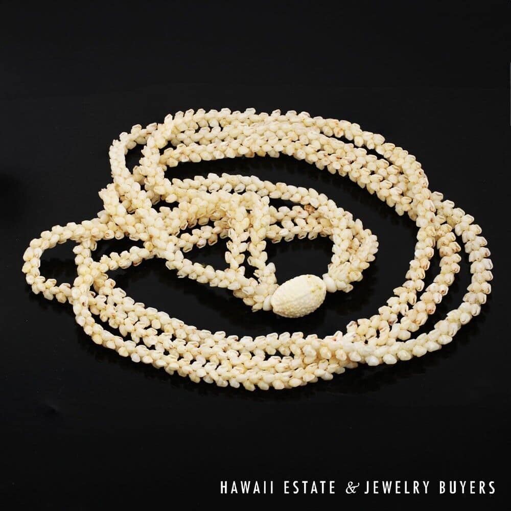 Three Strand Ni'ihau Shell Lei: Pikake Momi Lenalena 36 inches #2778-15 - Image 2