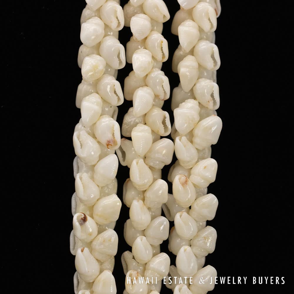 Ni’ihau Shell Lei: Triple Strand White Momi 41 inch Lei - Image 6