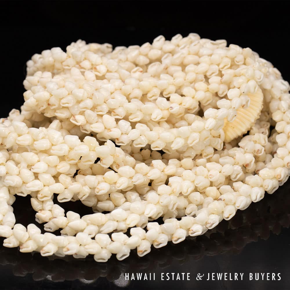 Ni’ihau Shell Lei: Triple Strand White Momi 41 inch Lei - Image 7