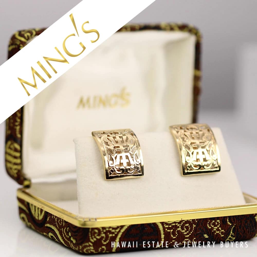 Ming's Rectangular Longevity Shou Earrings 14K Yellow Gold 5.1g 19x15mm w/Box