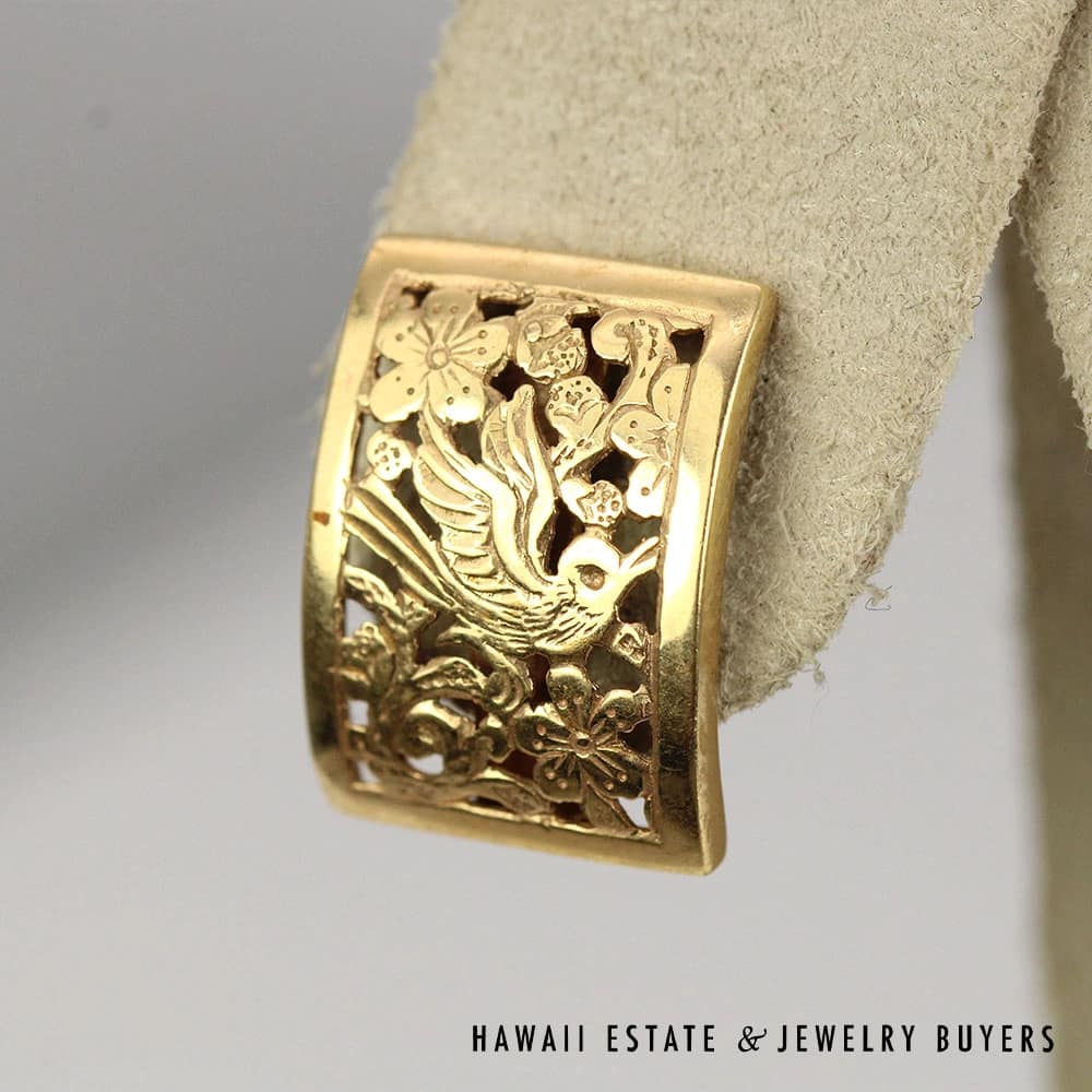 Ming's Bird in Plum 18x13mm Rectangle 4.5g 14K Yellow Gold Earrings - Image 2