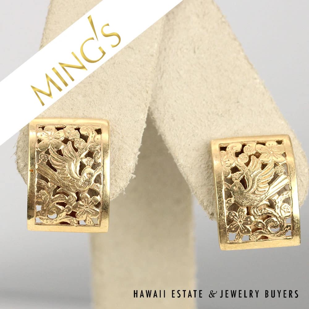 Ming's Bird in Plum 18x13mm Rectangle 4.5g 14K Yellow Gold Earrings