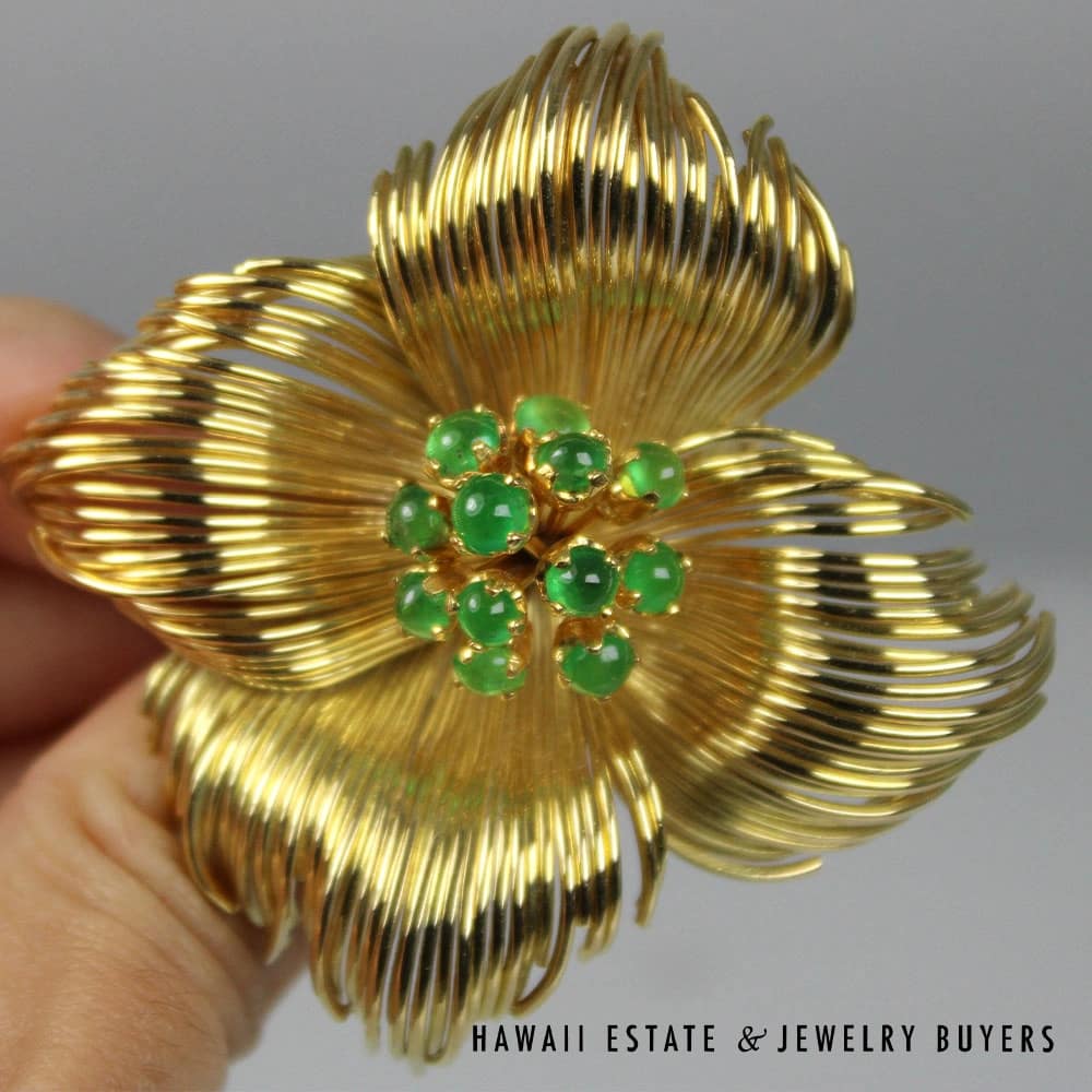 2ctw Emerald Hand Fabricated Flower 41.4g 18K Yellow Gold Brooch