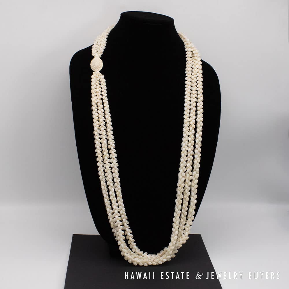 Ni’ihau Shell Lei: Triple Strand White Momi 41 inch Lei