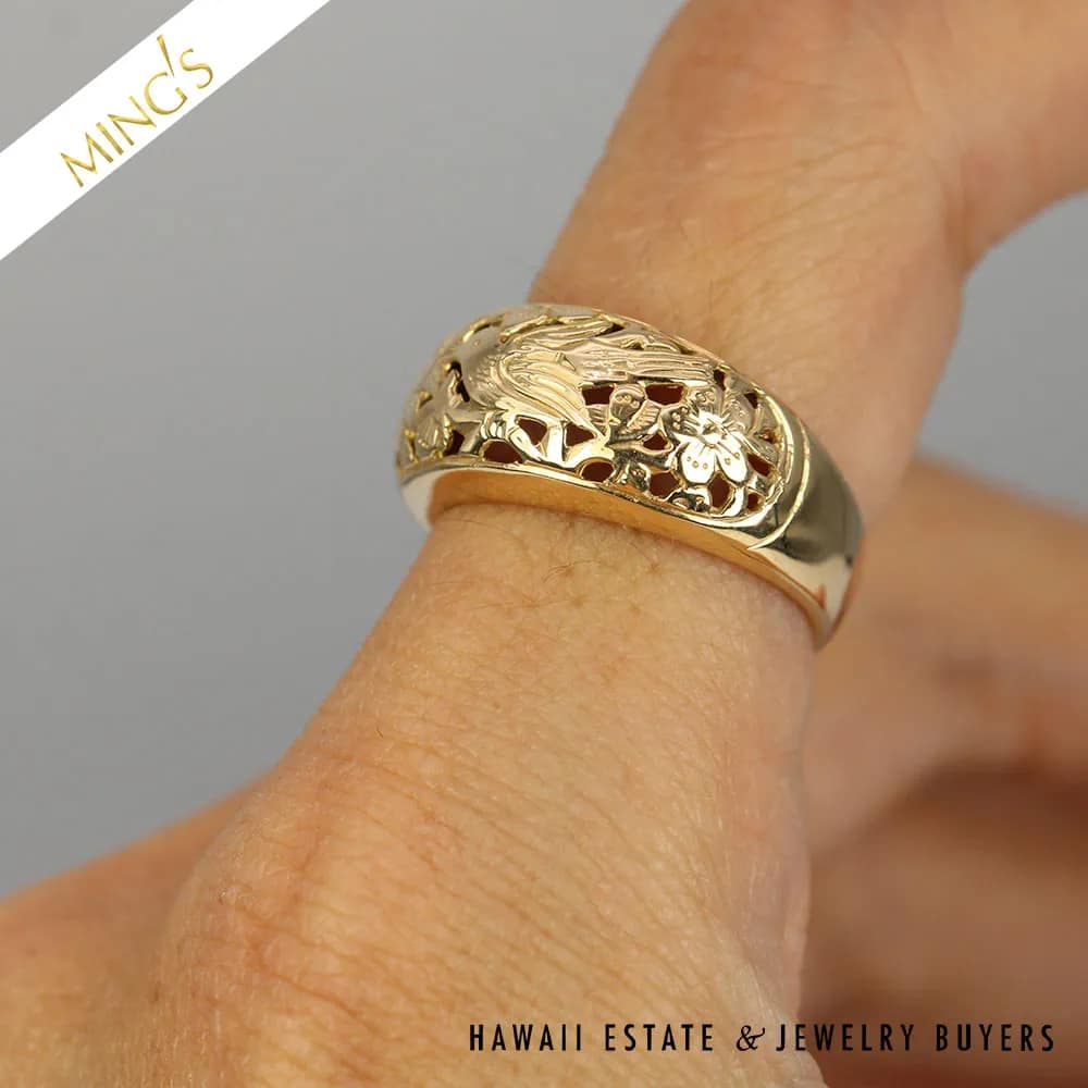 MING'S BIRD IN PLUM 9mm 4g 14K YELLOW GOLD DOME RING SIZE 6 - Image 2