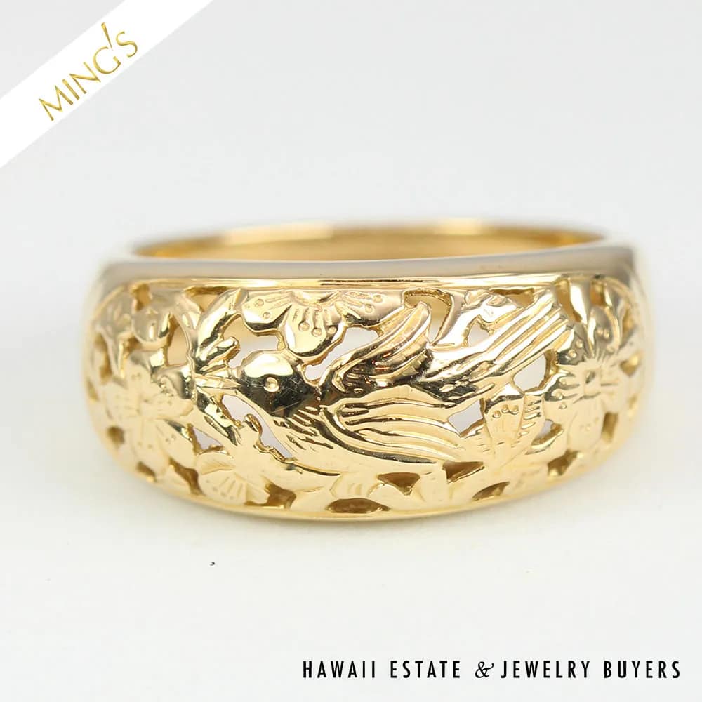 MING'S BIRD IN PLUM 9mm 4g 14K YELLOW GOLD DOME RING SIZE 6