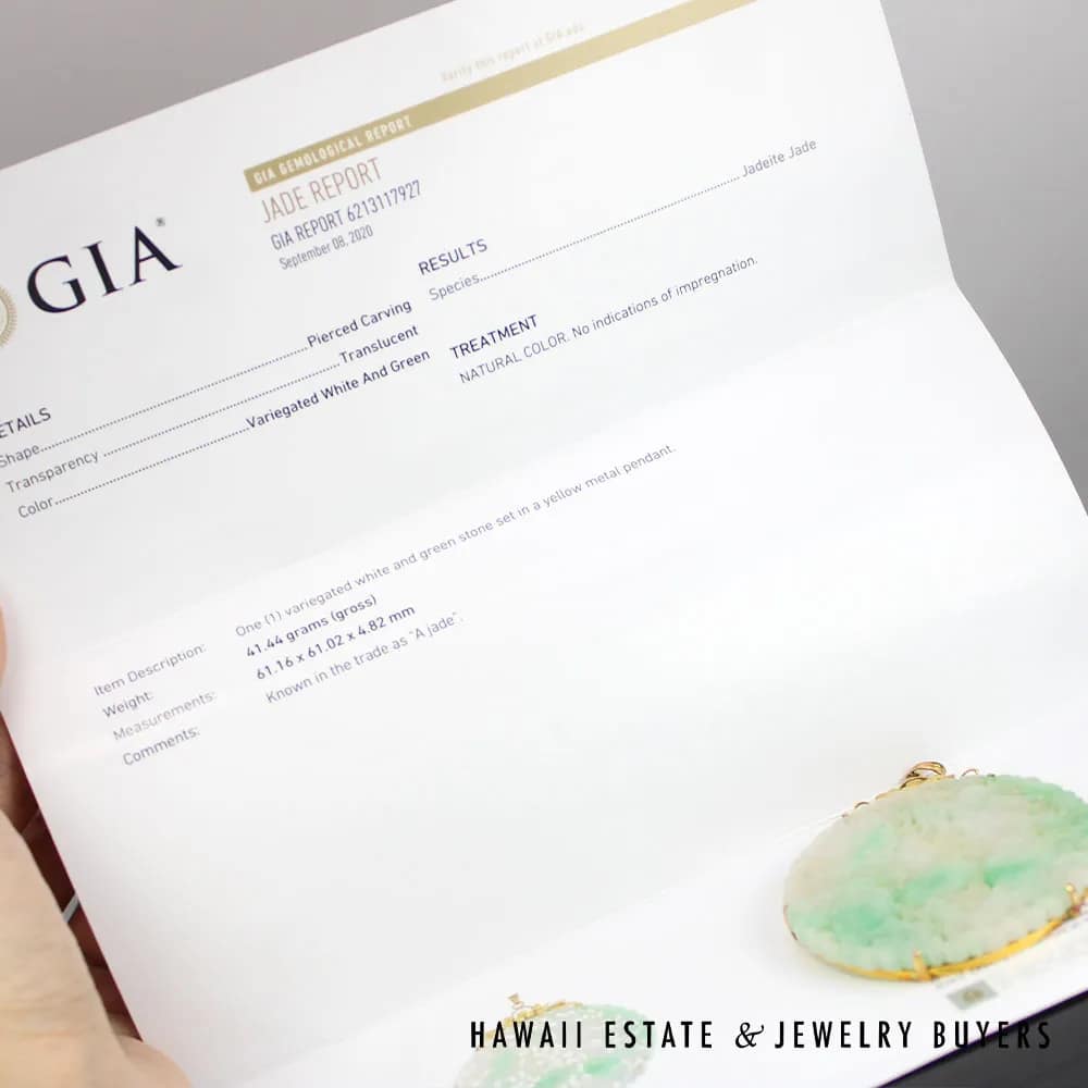 GIA Jadeite Jade Moss in Snow Carved Four Disciple 14k Yellow Gold Large Pendant - Image 2