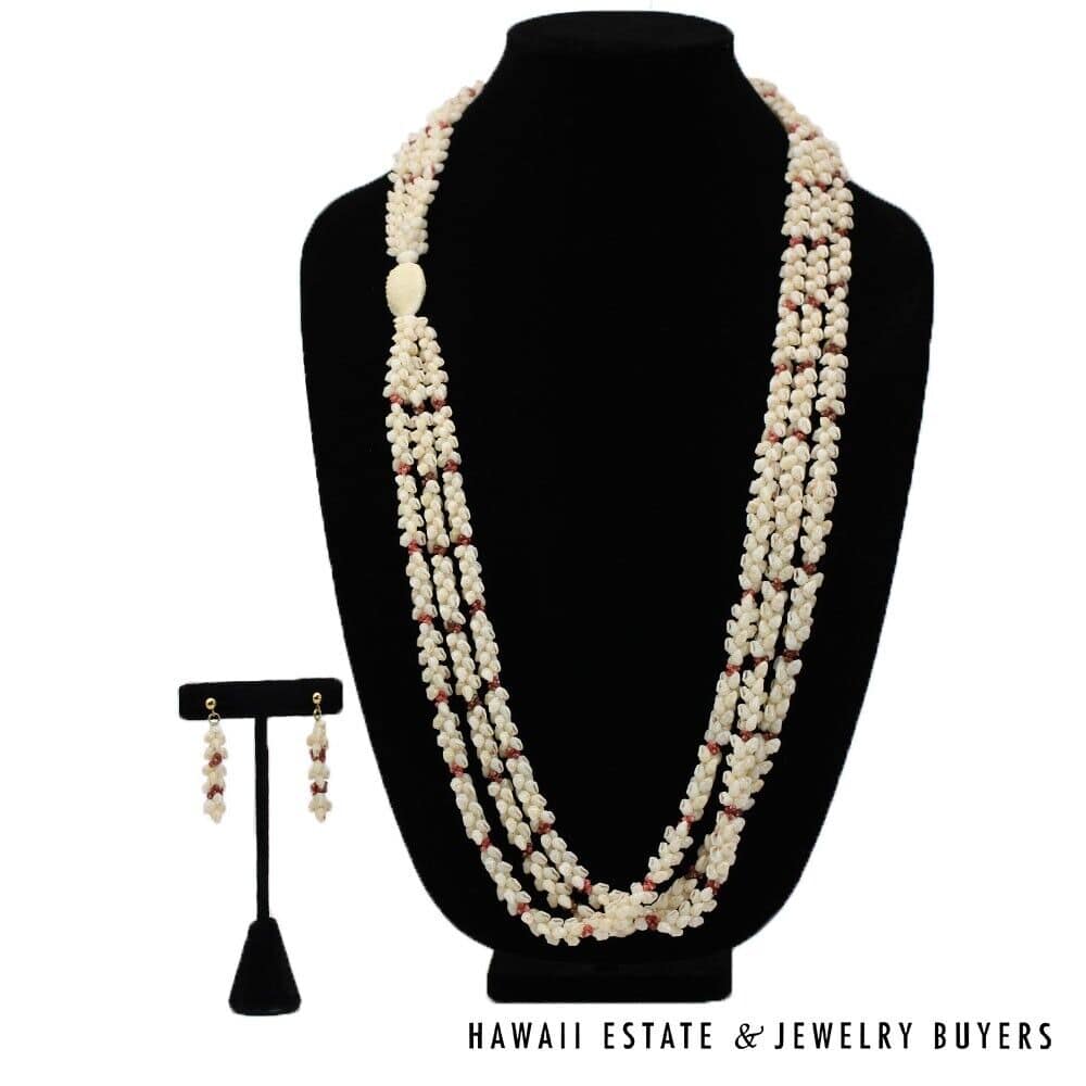 Three-Strand Ni'ihau Shell Lei and Earrings Set: Roselani 36 inches #HC070122-06 - Image 2