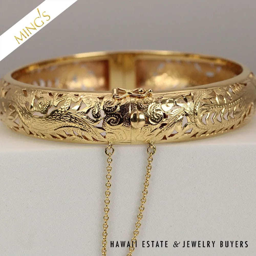 MING'S 14mm DRAGON & PHOENIX HINGED 27.9g 14K YG BANGLE BRACELET