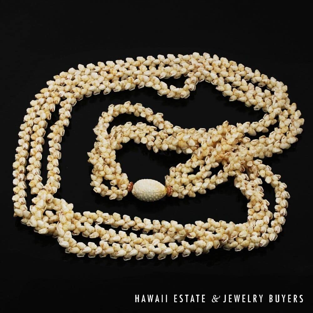 Three-Strand Ni'ihau Shell Lei: Pikake Momi Lenalena 36 inches #2835-01