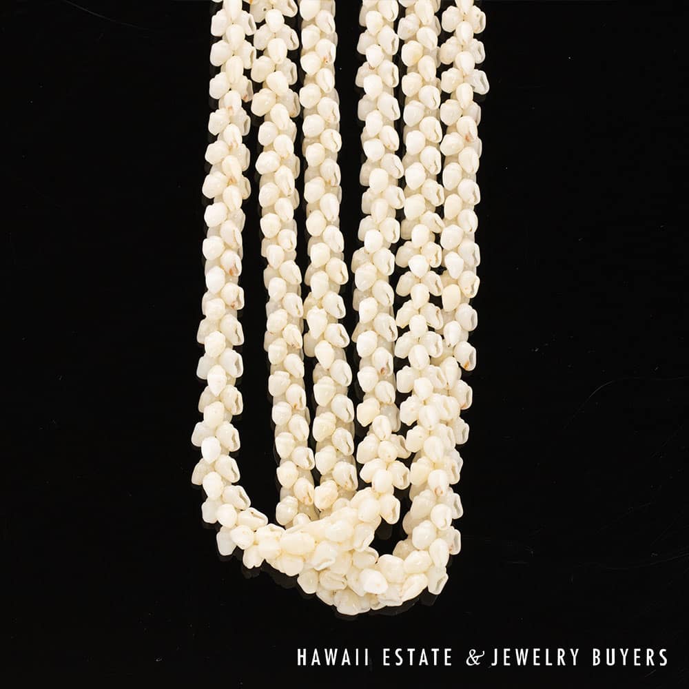Ni’ihau Shell Lei: Triple Strand White Momi 41 inch Lei - Image 4