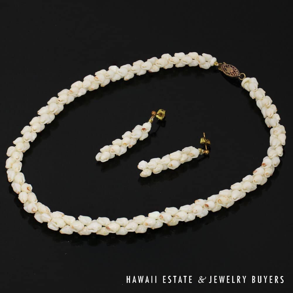 Ni'ihau Shell Choker Necklace with Earrings: Pupu Momi Ke'oke'o 16" #3280-02