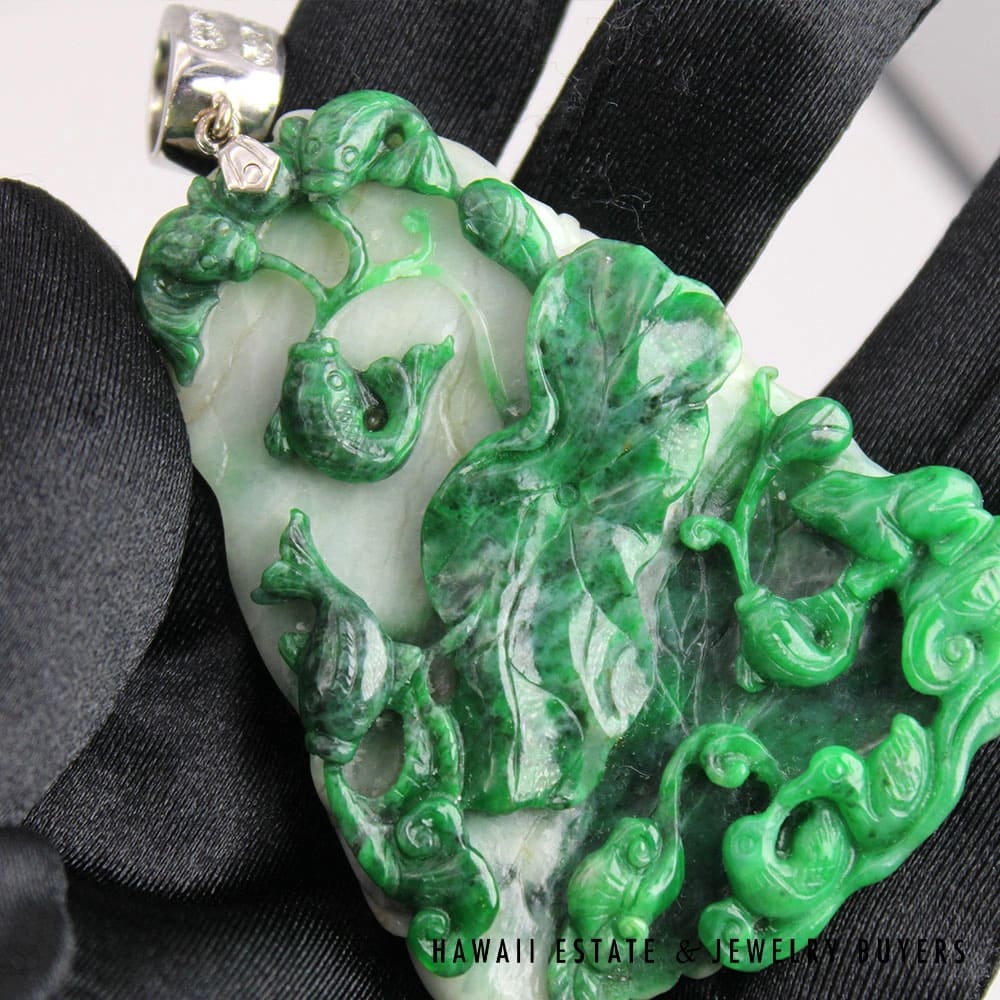GIA Carved Moss in Snow Jadeite Jade & 0.60ctw Diamond 18K White