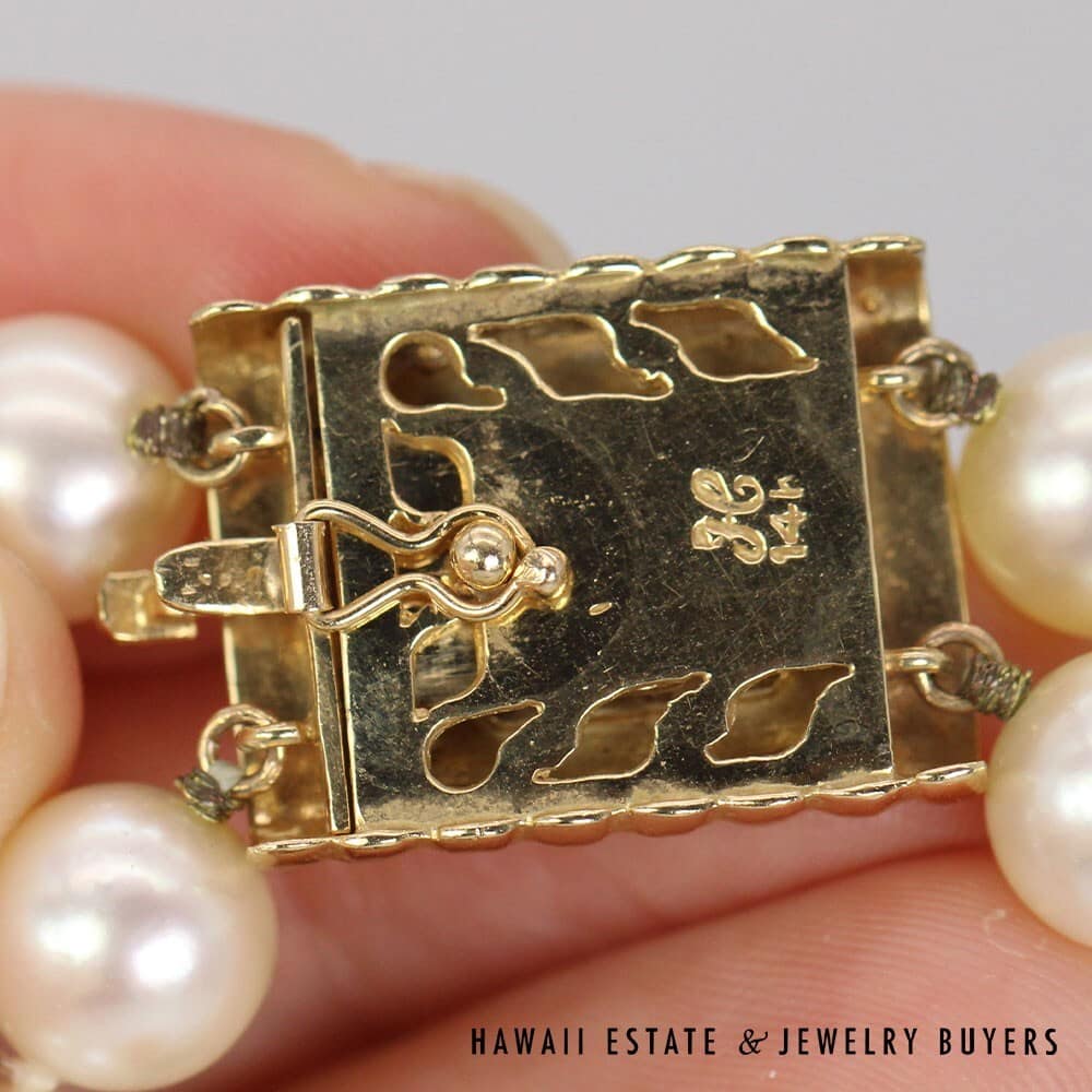 Double Strand Cultured Pearl Necklace : 14K Yellow Gold Diamond