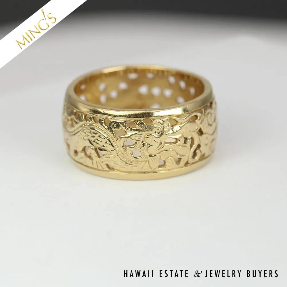 MINGS DUELING PHOENIX & DRAGON 10mm 5.7g 14K YELLOW GOLD FULL
